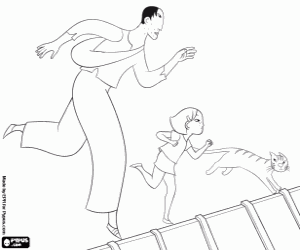 Nico,Zoe and a cat on Paris rooftops coloring page