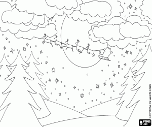 Night landscape of forest and Santa coloring page