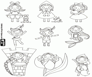 Nine characters from fairy tales coloring page