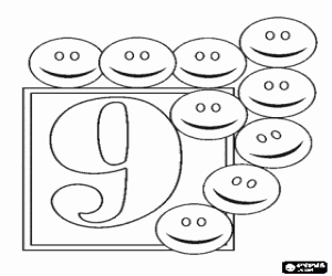Nine smileys and the number 9 coloring page