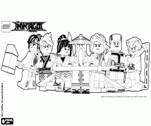The ninjas team with Wu, Lego Ninjago coloring page