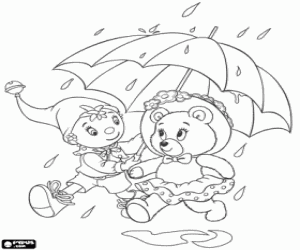 Noddy and Tessie with an umbrella coloring page