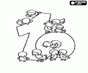 Number 10 with ten small birds coloring page