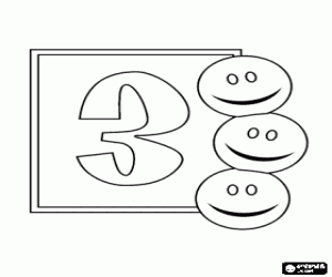 Number 3 with three smiley coloring page