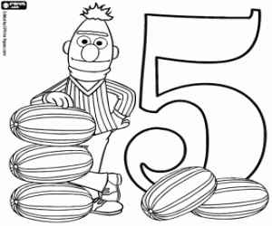 Number 5 and Bert with five melons coloring page