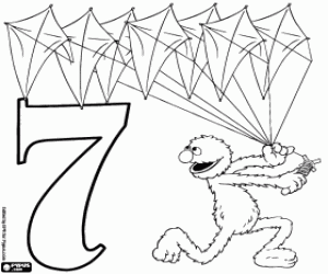 Number 7 and Grover with seven kites coloring page