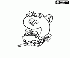Number 9 with nine parrots coloring page