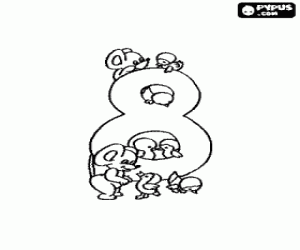 The number eight and the animals coloring page