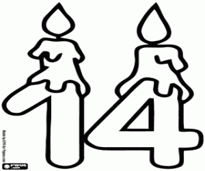 Number fourteen with candles coloring page