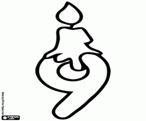 Number nine and candle, thick line coloring page