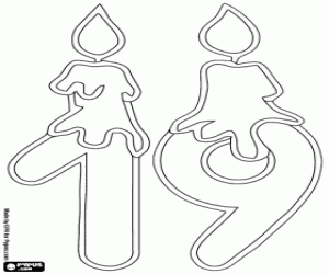 Number nineteen with two candles coloring page