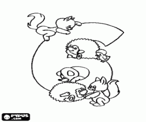 Number six with 6 animals coloring page