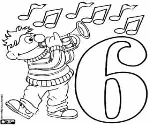 Number six with Ernie and a trumpet coloring page
