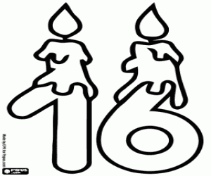 Number sixteen with two candles coloring page