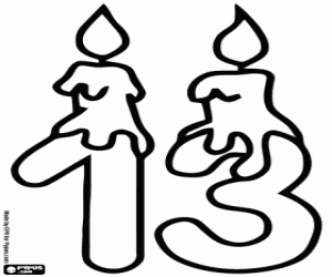 The number thirteen with two candles coloring page