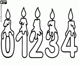 Numbers 0 to 4 and birthday candles coloring page