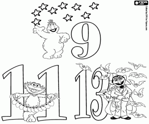Numbers 9,11,13 from Sesame Street coloring page