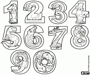 Numbers superimposed with animals coloring page