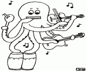 An octopus with musical instruments coloring page
