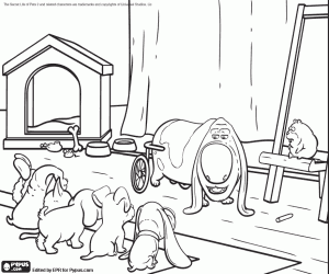 The old dog Pop with the puppies coloring page