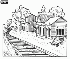 An old station and the steam train coloring page