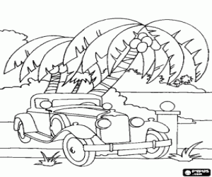 Old timer car in a tropical landscape coloring page