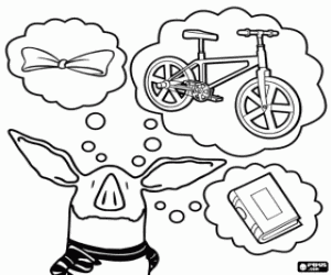 Olivia, a ribbon, a bicycle, a book coloring page