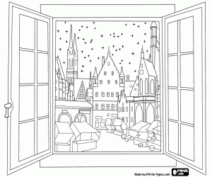 Opened window on a Christmas market coloring page