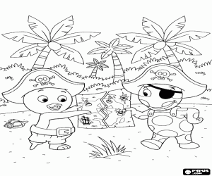 Pablo and Uniqua with the treasure map coloring page