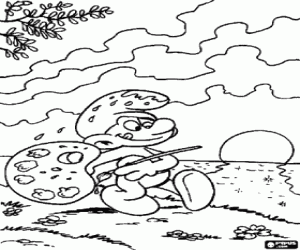 The painter Smurf and the landscape coloring page