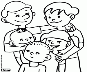 Parents with three children, a family coloring page