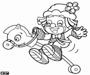 Patati the clown and the toy horse coloring page