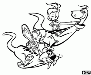 Pebbles, Bam Bam and their pets coloring page