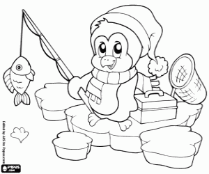 A penguin and ice fishing coloring page