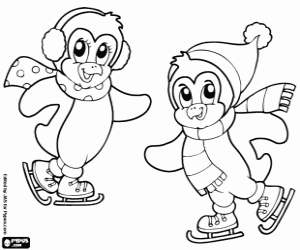Penguins and ice skating coloring page