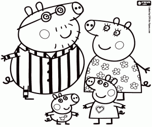 Peppa Pig and her family in pajamas coloring page