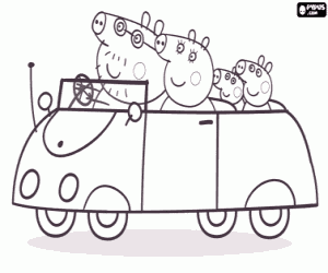 Peppa Pig's family in the car coloring page