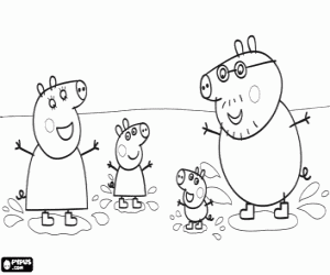 Peppa Pig's family and the puddles coloring page