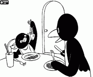 Pingu eats a delicious fish  coloring page