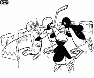 Pingu and the ice hockey coloring page