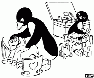 Pingu with his mother and Pinga coloring page