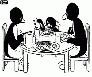 Pingu and his parents at the table coloring page