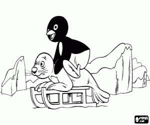Pingu and Robby with sled coloring page