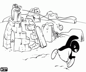 Pingu, Roby and snowballs coloring page