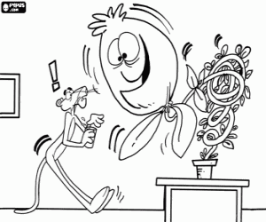 Pink Panther and a carnivorous plant coloring page