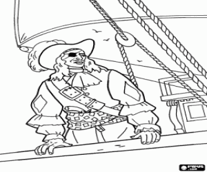 Pirate captain aboard his ship coloring page
