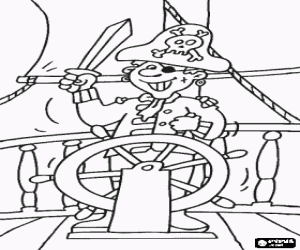 Pirate captain at the helm of his boat with his hat, the eye lid and sword in hand coloring page