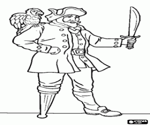 Pirate captain with the wooden leg, machete in hand and parrot on the shoulder coloring page