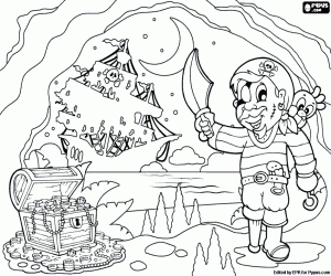 Pirate in the cave with treasure coloring page