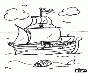 Pirate ship sailing on the high sea with a shark around coloring page